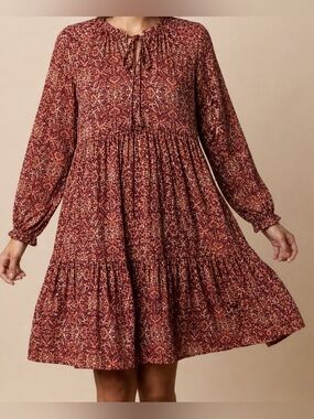 NWT- Terra & Sky Bohemian Style Peasant Mini Dress w/Long Sleeve, Sz 1X.